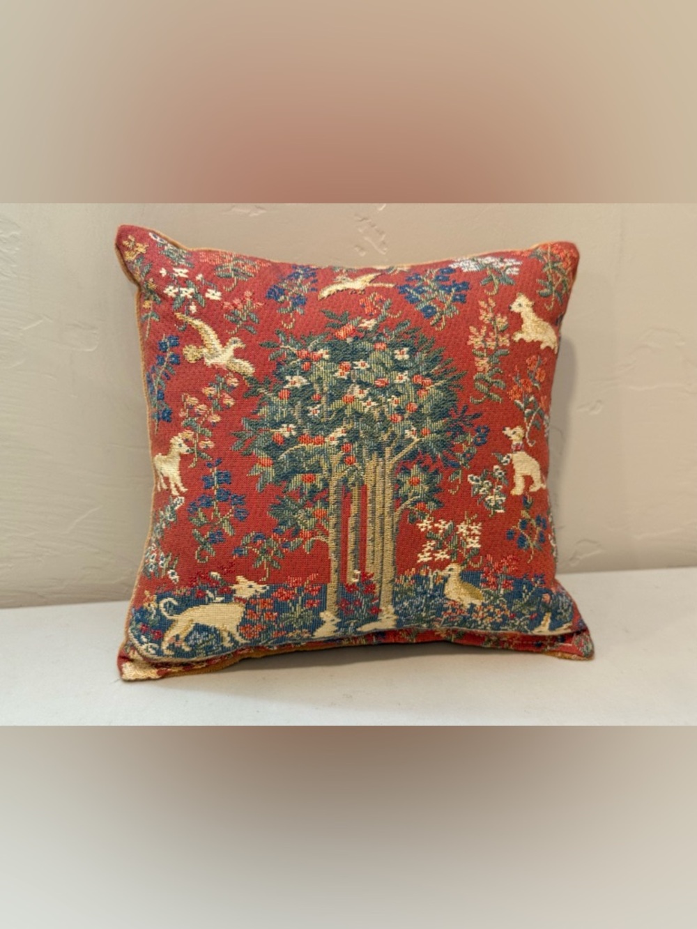 Vintage Small Tapestry Pillow Orange Tree  Velvet Back  8”x 8” Tree Of Life‎